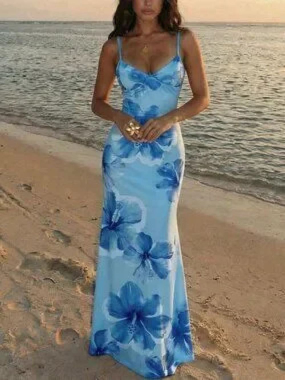 ZARA Blue Elegant Women's Vacation Spaghetti Strap Tie-Up Bodycon Printed Dress